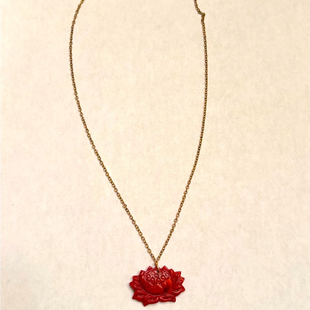 Red enamel lotus necklace with gold chain